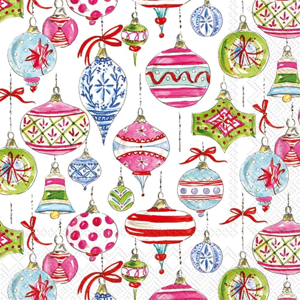 A variety of colorful Christmas ornaments with patterns, including balls, stars, teardrops, and oyster shell accents, are arranged on a white background.