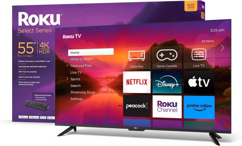 A 55-inch 4K HDR Roku Smart TV shines on Black Friday, displaying its home screen with app icons like Netflix, Disney+, and Prime Video. The box sits behind it, ready to be unwrapped.