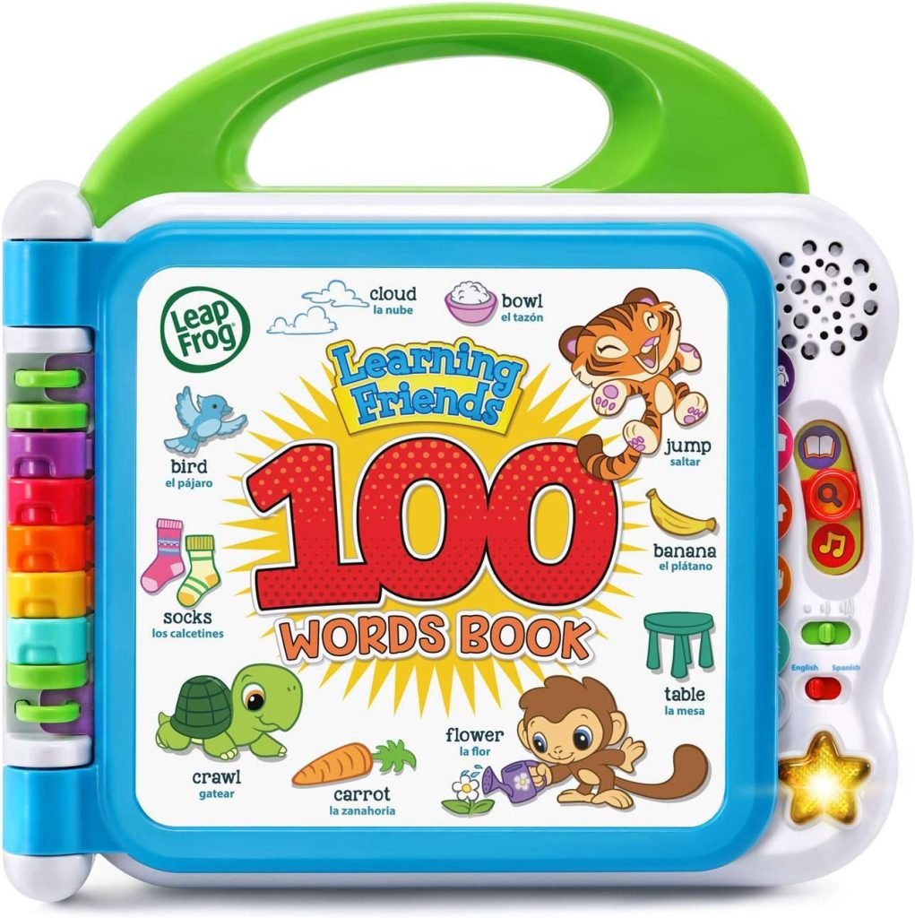 LeapFrog Learning Friends 100 Words Book for kids, perfect for a Nutcracker-themed Christmas gift. It features interactive buttons, colorful illustrations, and a green handle.