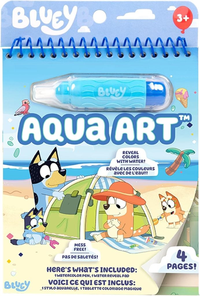 A Bluey-themed Aqua Art kit for ages 3+, featuring a water pen and 4 pages. With cartoon dogs on a beach scene, it's the perfect creative surprise for Christmas morning.