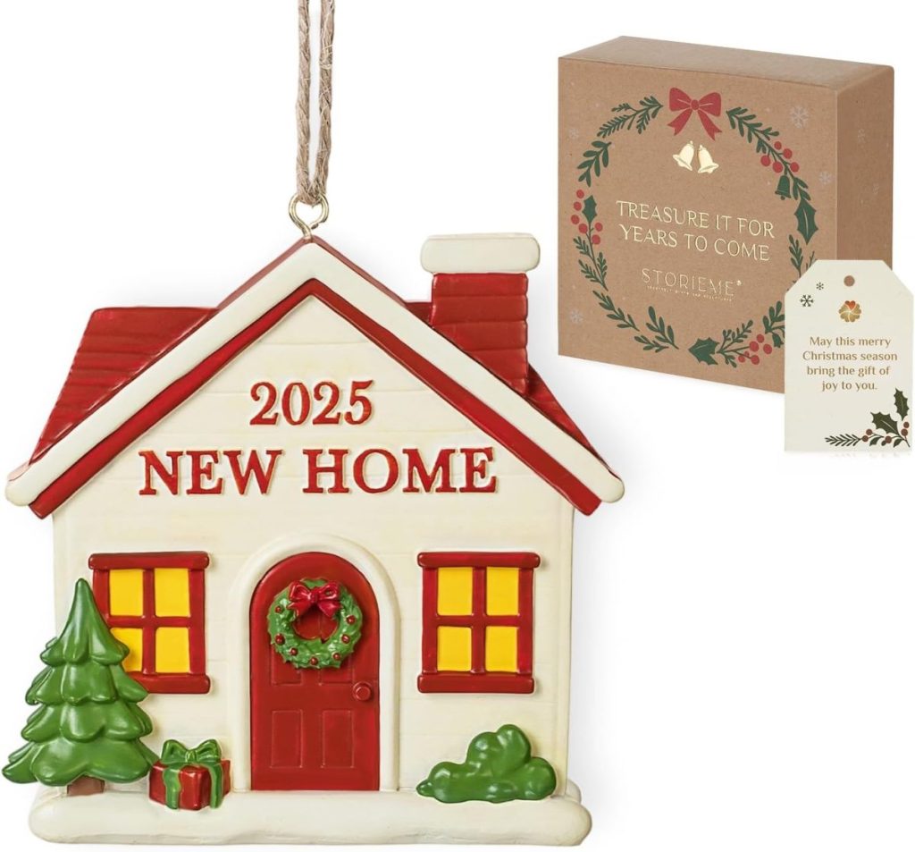 A ceramic house ornament with "2025 NEW HOME" text, Christmas decorations, and a gift box labeled "TREASURE IT FOR YEARS TO COME"—a heartwarming keepsake and perfect Black Friday gift.