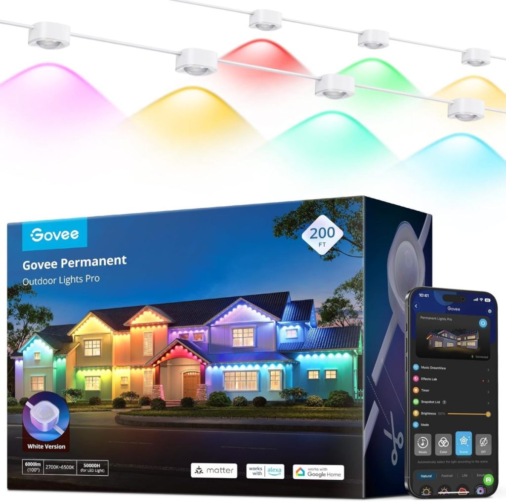 Box of Govee Permanent Outdoor Lights Pro (200 ft) shown with app control on a phone, multicolor lights illuminating a house and above—perfect for creating a festive look that captures the charm of vintage Christmas ornaments.