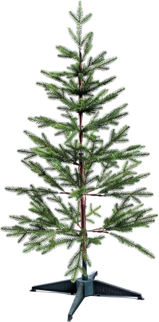 Artificial Christmas tree with sparse green branches on a black plastic stand, ideal for adorning with charming button crafts.