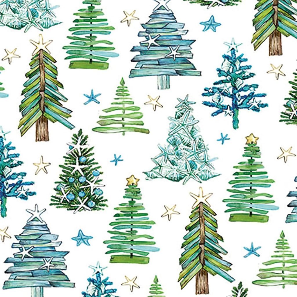 Illustration of various green and blue Christmas trees with star decorations on a white background.