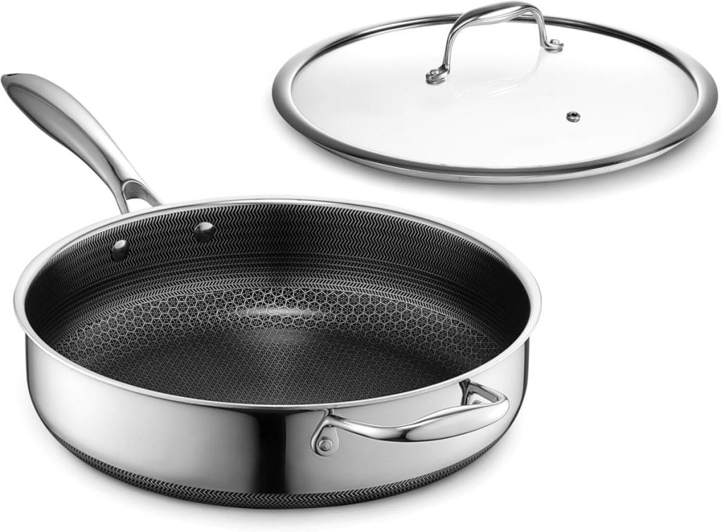 Stainless steel frying pan with a non-stick surface and a matching glass lid, perfect for grabbing during Black Friday sales.