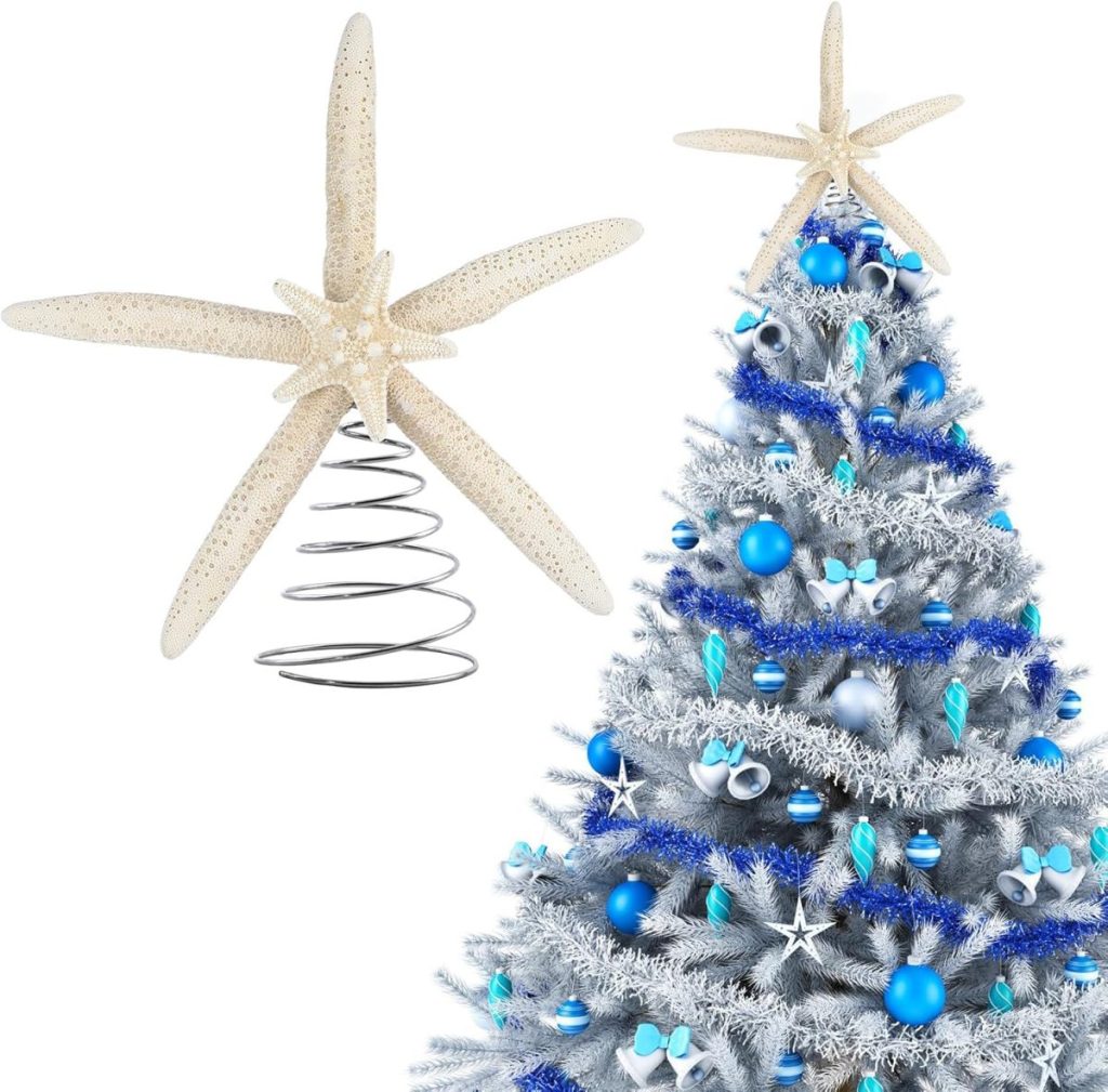 A silver Christmas tree decorated with blue and white ornaments, topped with a starfish tree topper. A close-up of the starfish topper is shown on the left.