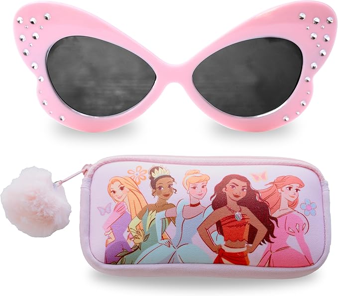 Pink, butterfly-shaped sunglasses with rhinestones, perfect for the magic of Christmas morning, come in a zippered case featuring illustrations of five Disney princesses and a fluffy pom-pom keychain.