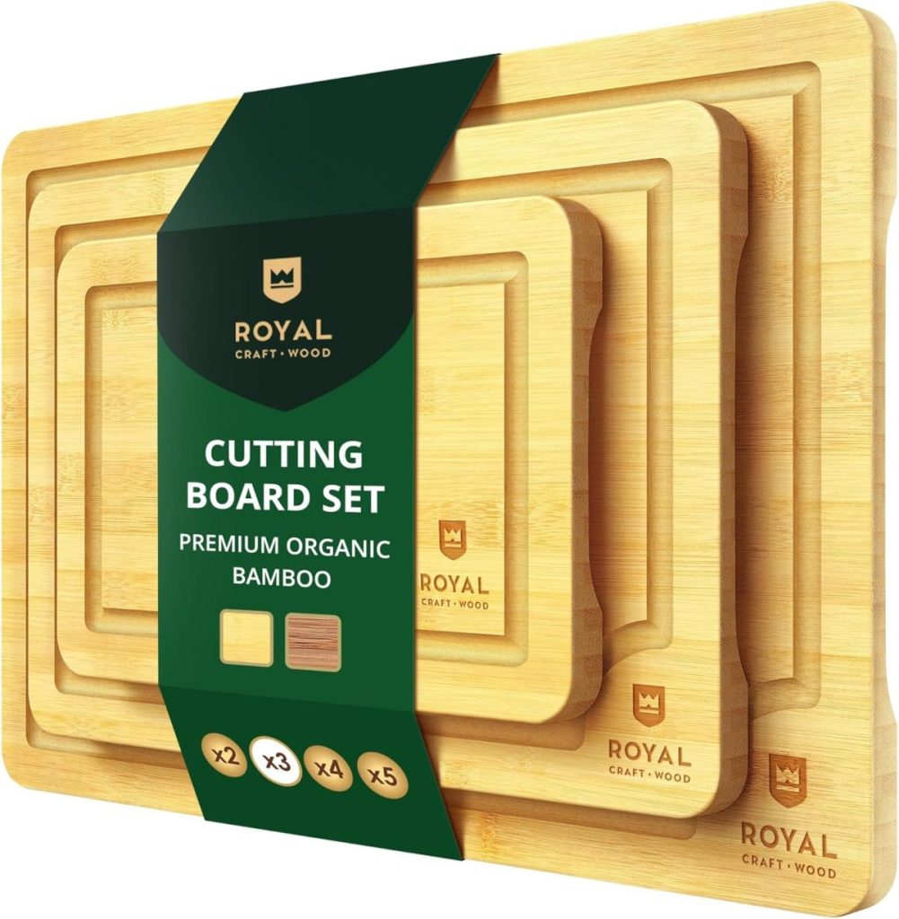 Set of bamboo cutting boards in four sizes with packaging labeled "Royal Craft Wood," perfect for your Black Friday shopping list.