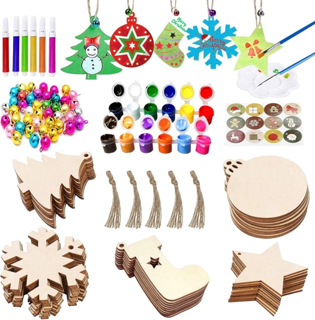 Assorted Christmas craft materials, perfect for inspiring family traditions, include wooden shapes, paint, brushes, tassels, colorful bells, and markers.