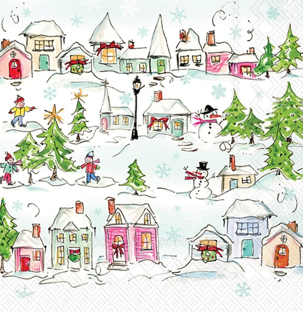 A whimsical snowy village scene with colorful houses, decorated trees, snowmen, and delicate snowflakes shimmering like oyster shells.