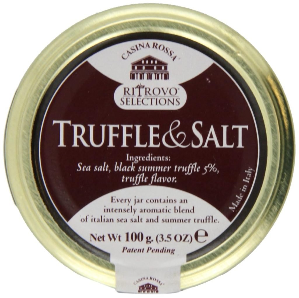 Lid of a Casina Rossa Truffle & Salt jar, featuring product details in English about the sea salt and black summer truffle blend.