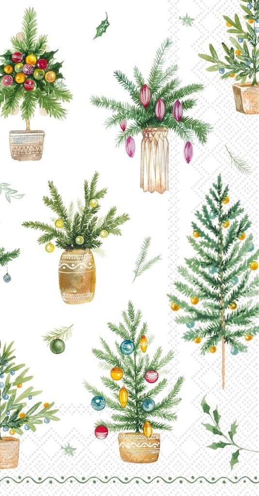 Illustration of small potted Christmas trees decorated with colorful ornaments, set against a white background with subtle oyster shell patterns and scattered holly leaves.