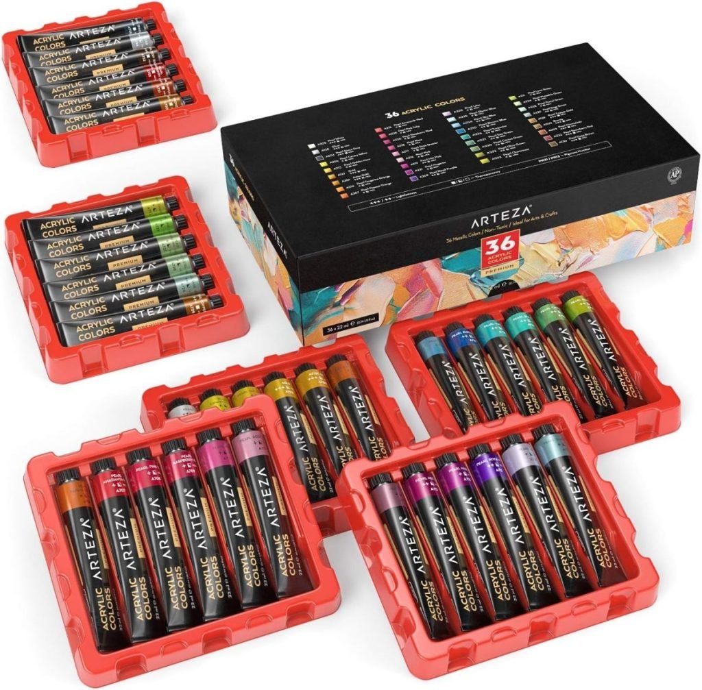 Set of 36 Arteza acrylic paints in black and red plastic trays, with a packaging box displaying the color range.