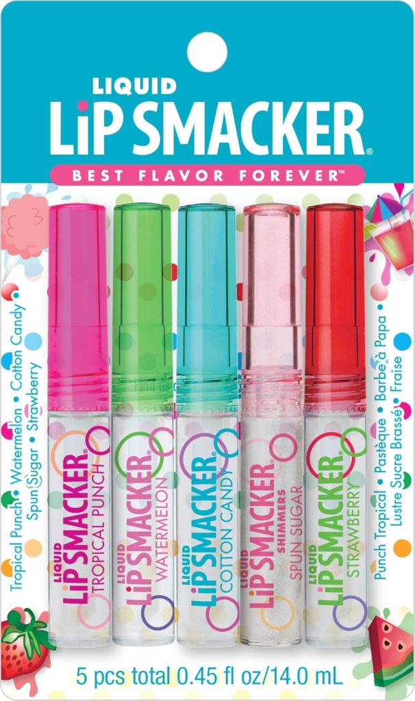 Five tubes of Liquid Lip Smacker lip gloss in different flavors and colors, displayed in packaging labeled "Best Flavor Forever"—perfect for bringing a touch of Christmas Morning magic to your beauty routine.
