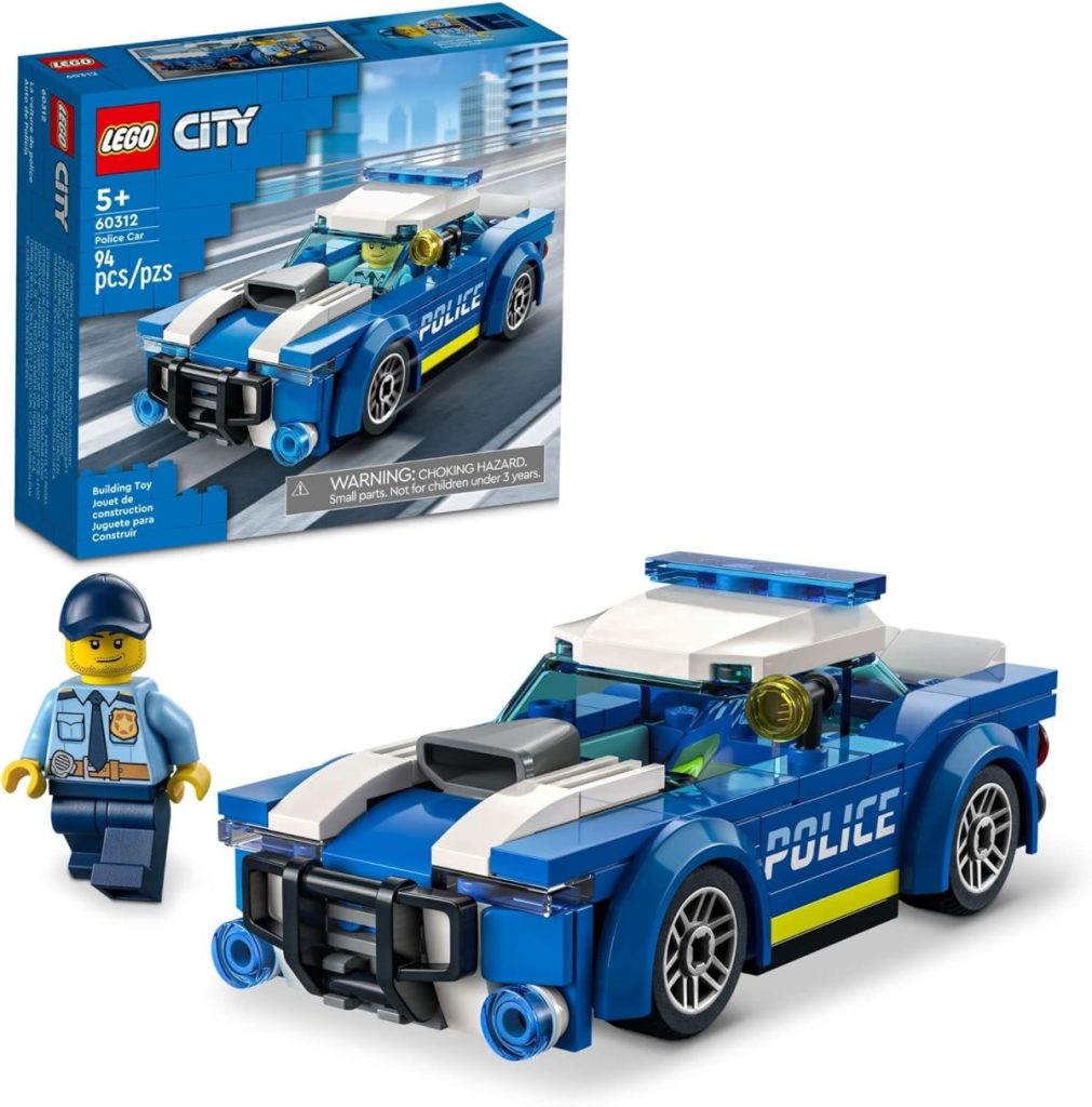 The LEGO City Police Car set with 94 pieces is perfect for Christmas morning, featuring a blue and white police car, a police officer minifigure, and the product box in the background.