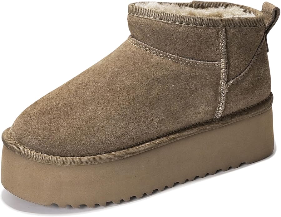 A single tan suede platform boot with faux fur lining and a thick rubber sole, perfect for Black Friday shoppers, shown against a white background.