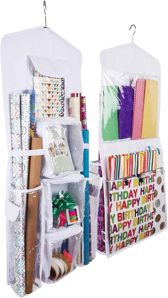 Gift wrapping is effortless with hanging organizers featuring clear pockets to neatly hold your wrapping paper rolls, gift bags, and ribbons.