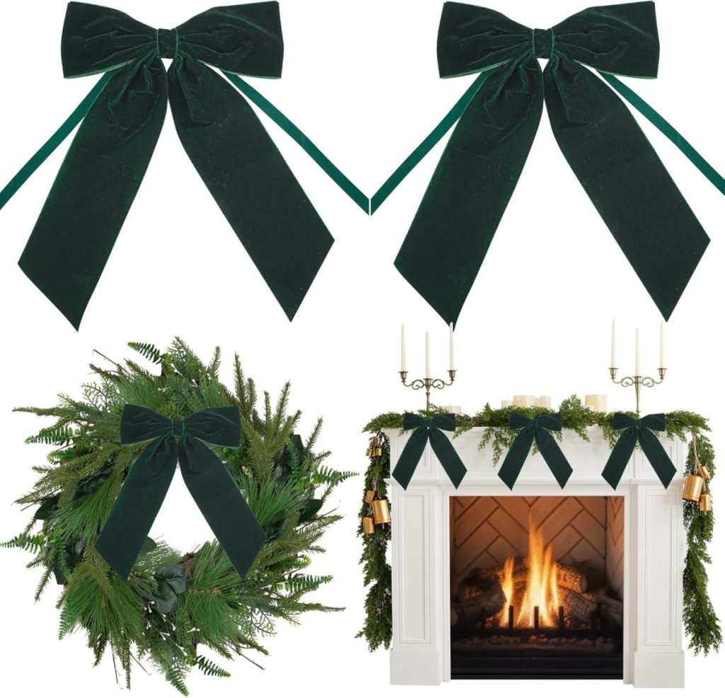 Holiday decorations in classic Christmas colors, featuring green bows, wreaths, and garland, adorn a fireplace mantel with a lit fire.