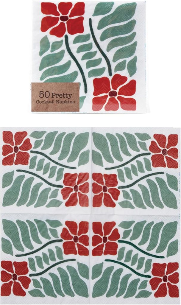 A set of cocktail napkins with a red flower and green leaf pattern, reminiscent of a vodka cranberry. The pack contains 50 napkins, with the design shown both folded and unfolded.