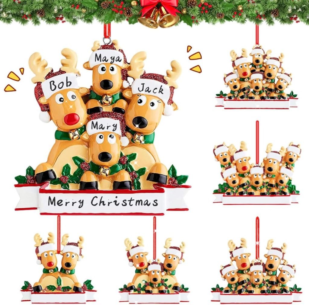 Christmas-themed reindeer ornaments with customizable names and text, decorated with festive hats and greenery, displayed in varying group sizes.