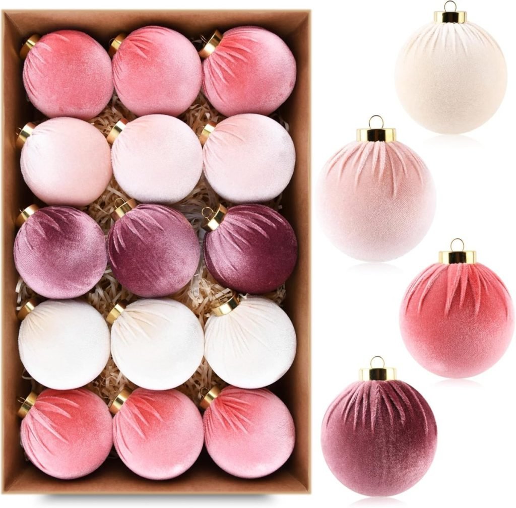 A box containing 16 festive pink and white velvet Christmas ornaments, embodying classic Christmas colors, along with 5 individual ornaments displayed on the side against a white background.