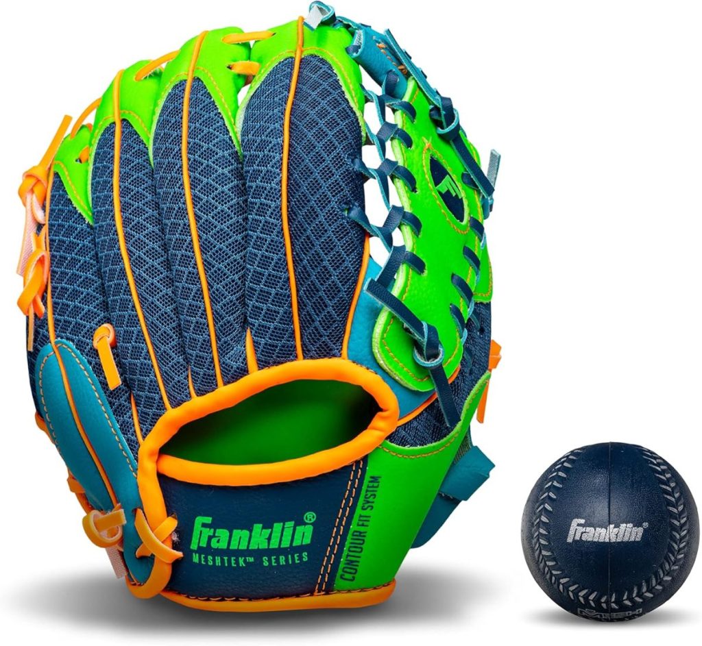 A blue and green Franklin baseball glove with orange laces is shown next to a matching dark blue baseball, capturing the excitement of Christmas morning for any young athlete.