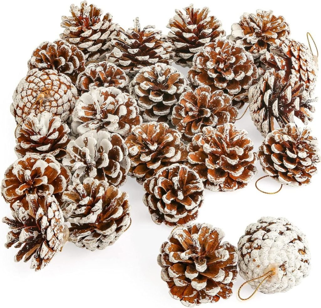 A collection of pinecones covered in white artificial snow, arranged randomly.