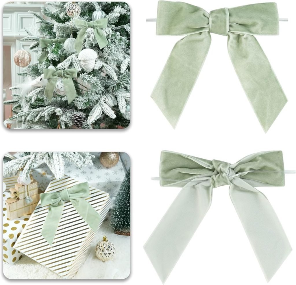 Decorative green velvet bows, embodying classic Christmas colors, are beautifully displayed on a snowy Christmas tree and a wrapped gift.