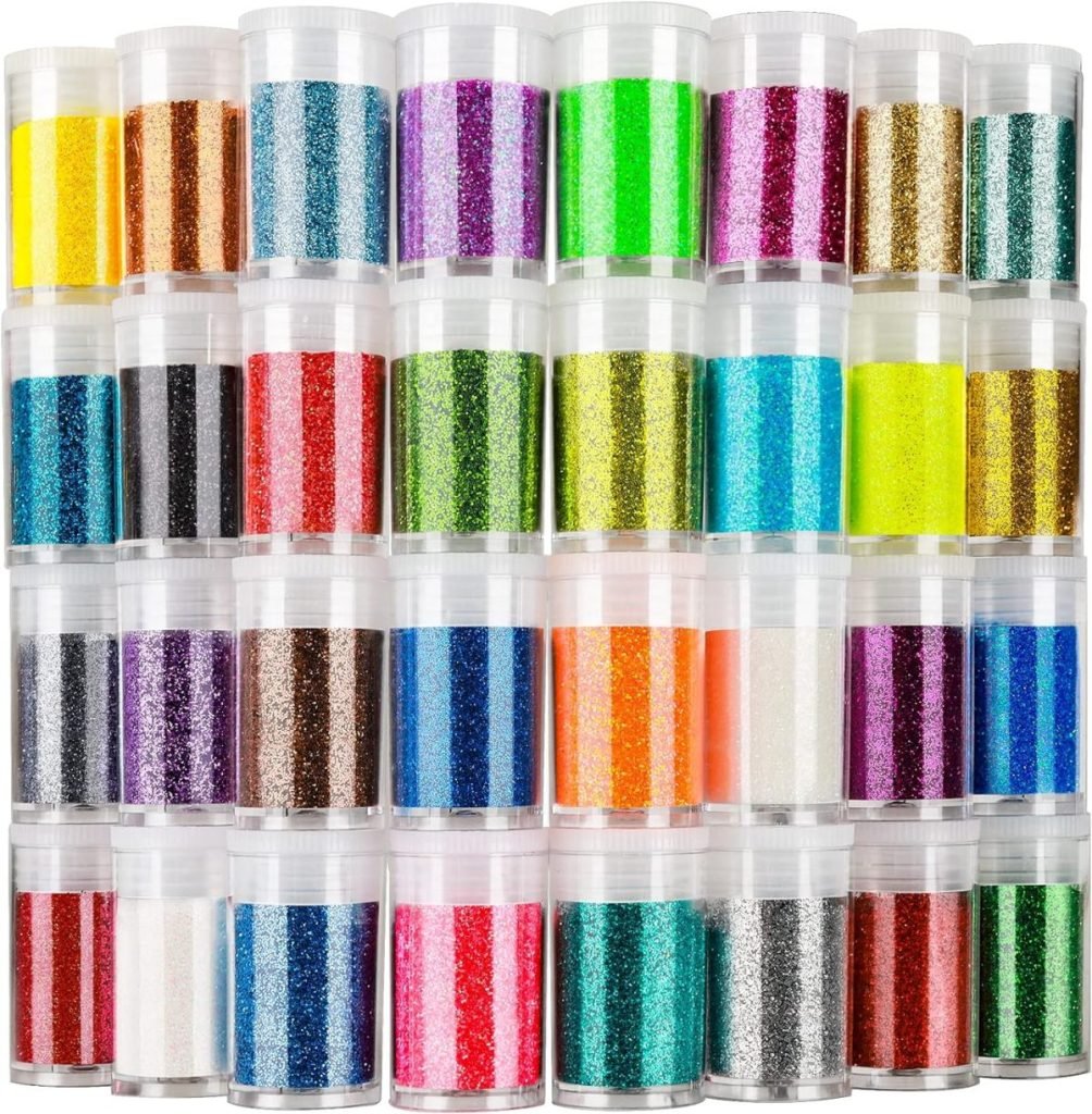 Rows of clear plastic containers filled with different colors of glitter, stacked together.