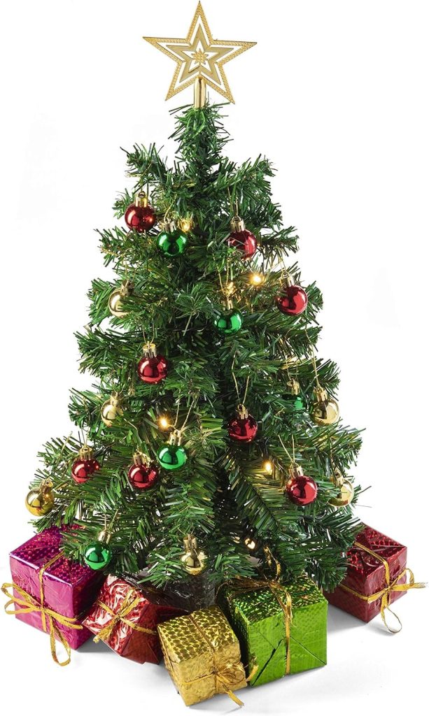 A decorated Christmas tree with a gold star topper, red and gold ornaments, string lights, and wrapped presents in festive colors at the base—perfect for Black Friday holiday celebrations.