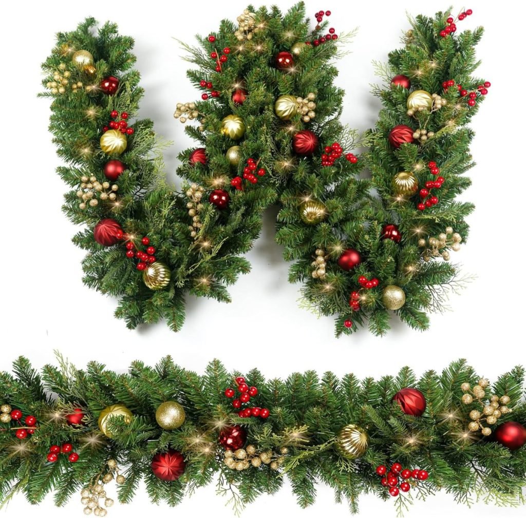 Festive Christmas garlands, adorned with red and gold ornaments, pinecones, and berries, proudly showcase classic Christmas colors in the shape of a "W" and a straight line.