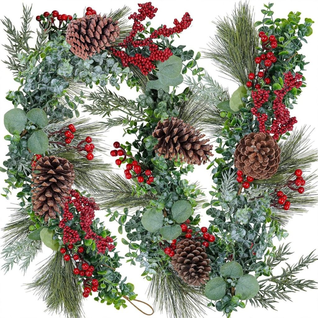 A festive wreath made of pine cones, evergreen leaves, eucalyptus, and red berries arranged in a circular shape, showcasing classic Christmas colors.