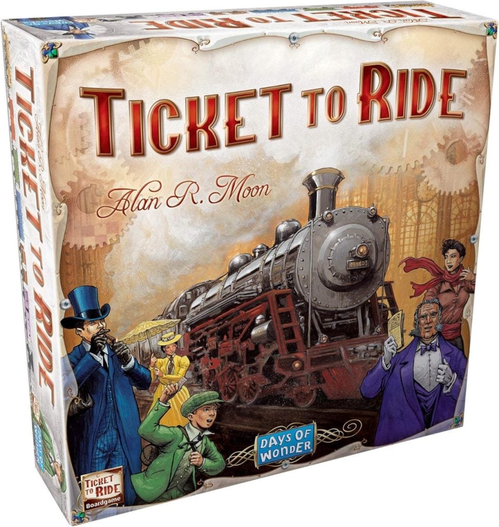 The image captures the "Ticket to Ride" board game box, beautifully illustrated with a steam train and people in vintage clothing, embodying cherished family traditions.