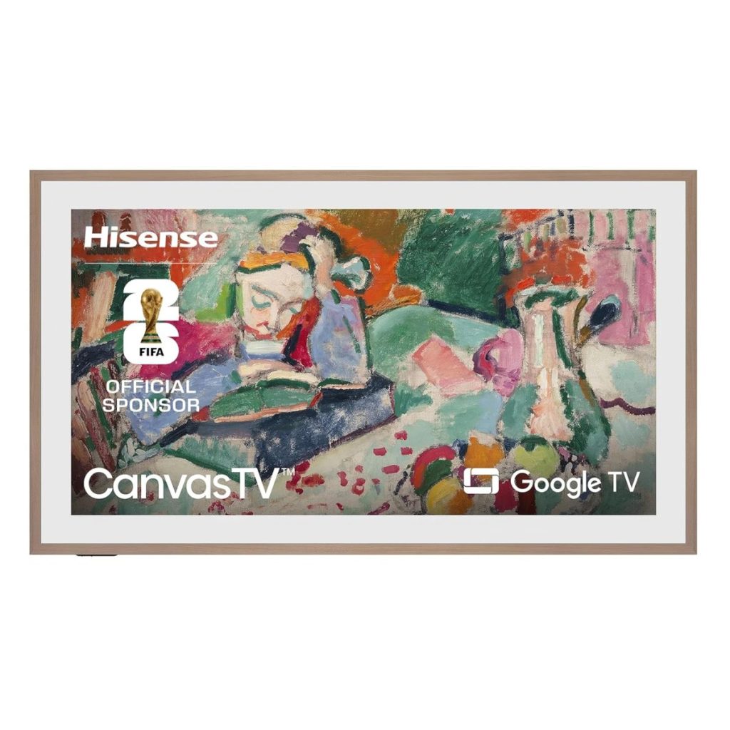 A framed TV screen displays a colorful abstract painting with Hisense, FIFA Official Sponsor, CanvasTV, and Google TV branding—perfect for an upscale Black Friday upgrade.