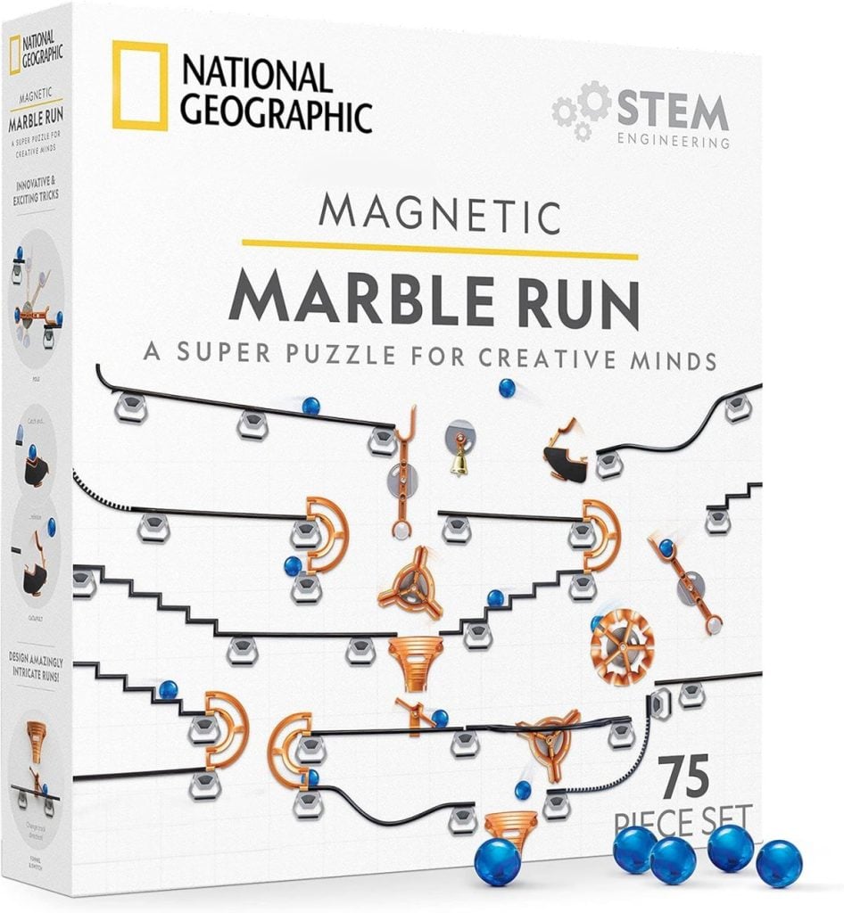 Box packaging for "National Geographic Magnetic Marble Run," a 75-piece STEM engineering set perfect for Black Friday deals. Design exciting tracks with five blue marbles displayed at the bottom, inspiring creative engineering challenges.