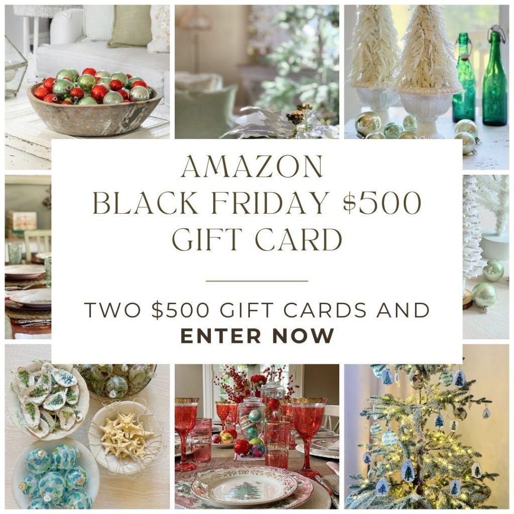 Collage of holiday-themed decor with a flocked Christmas tree and text: "Amazon Black Friday $500 Gift Card. Two $500 gift cards and enter now.