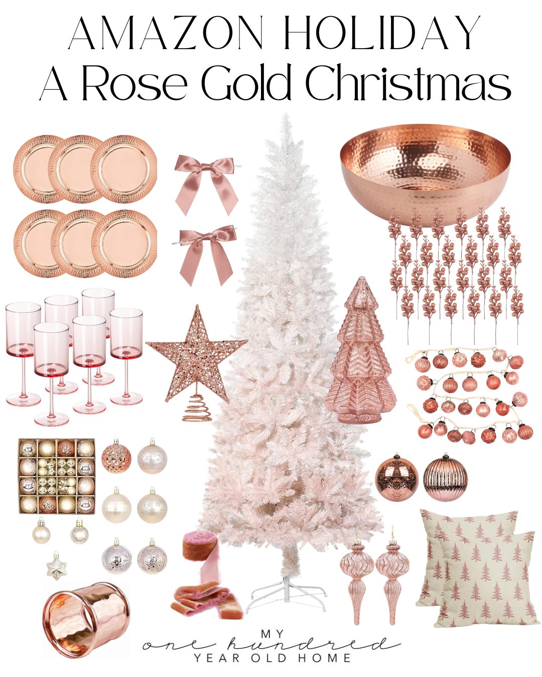 A collection of rose gold Christmas decorations, embodying the festive Christmas colors palette, features a white tree, ornaments, plates, glasses, and a decorative bowl&mdash;all elegantly arranged on a white background.