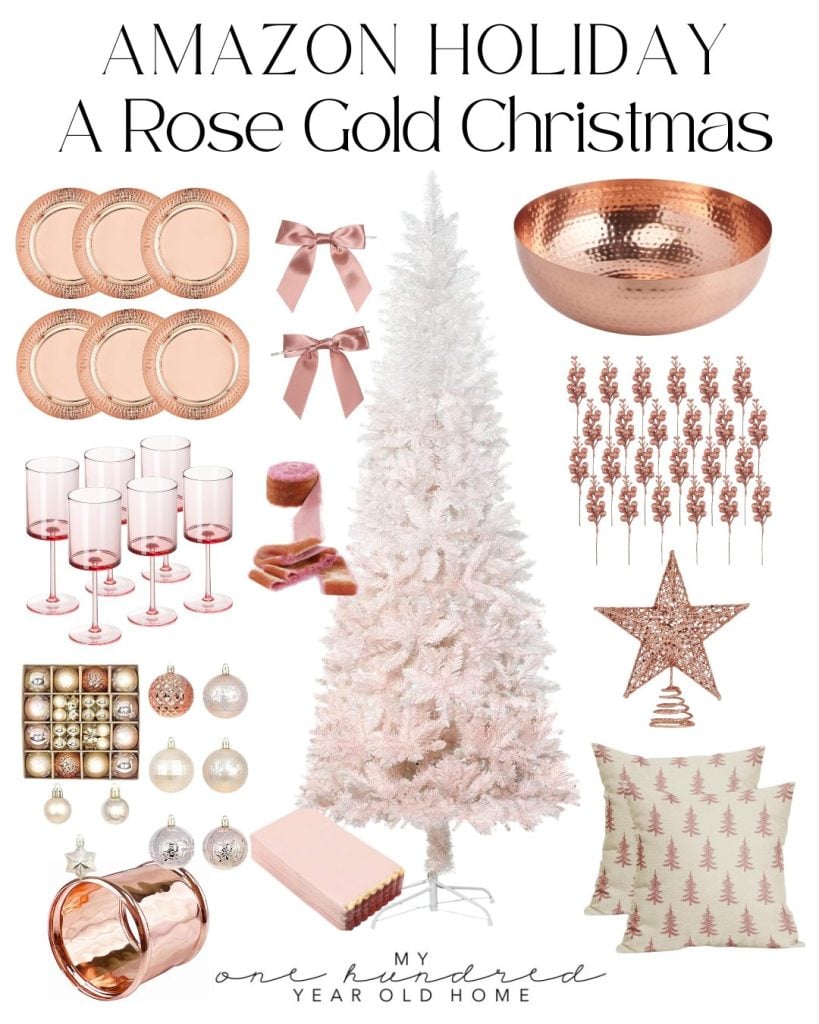 A holiday decor set featuring a white Christmas tree adorned with rose gold ornaments, dishware, and glasses. Decorative pillows with tree prints enhance the rose gold Christmas theme. Perfect your festive look by learning how to tie a bow to add an elegant touch to your decorations.