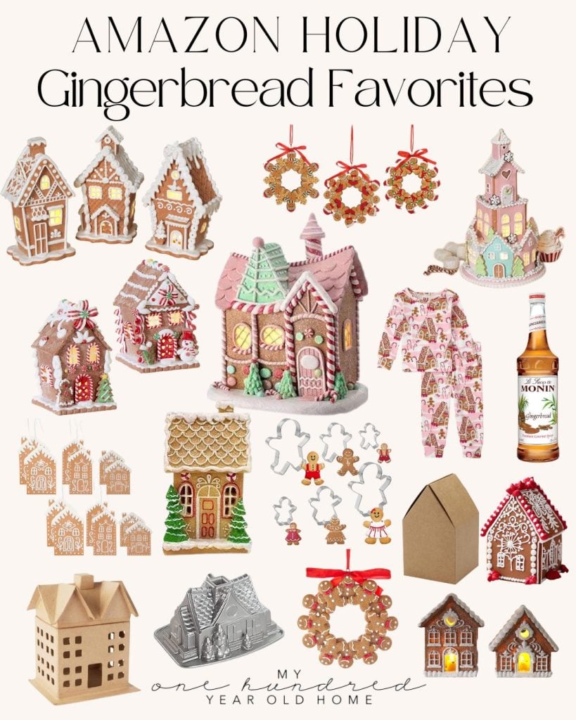 A collection of gingerbread-themed holiday decorations, cookies, pajamas, syrup, and baking molds displayed on a white background captures the festive spirit with charming Christmas Gingerbread Houses.