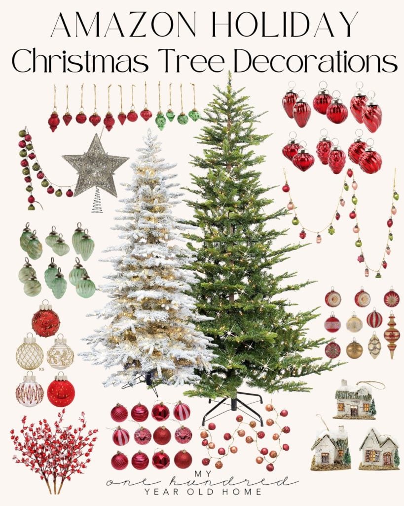 Two Christmas trees adorned with assorted decorations, including ornaments, garlands, a star topper, and miniature houses, beautifully reflect cherished family traditions.