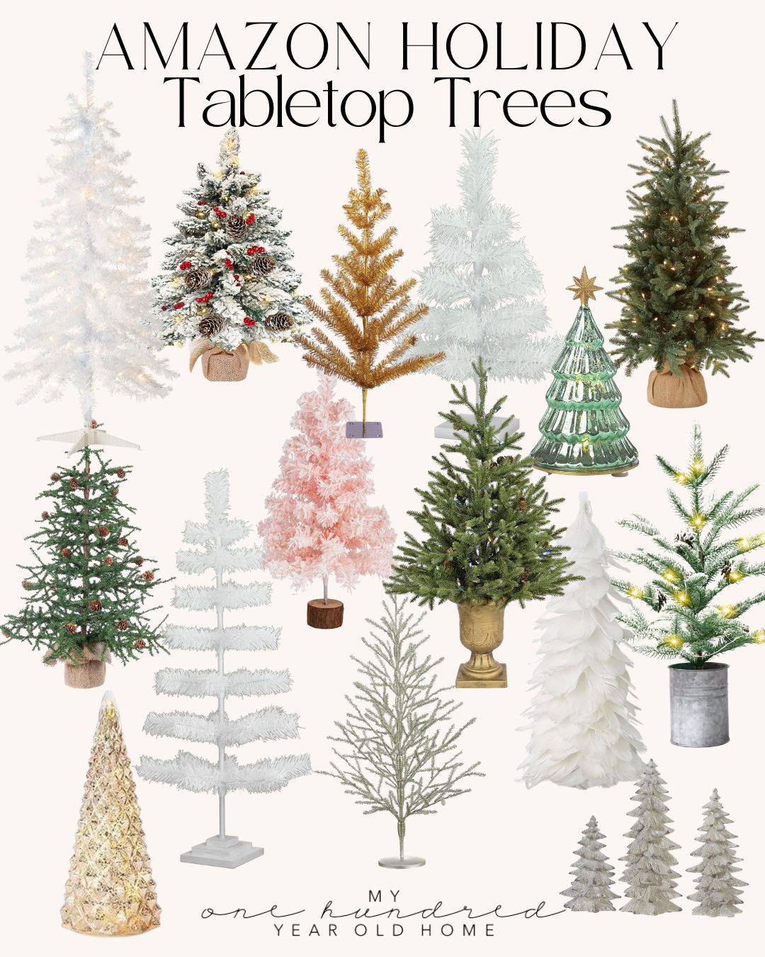 Collage of various tabletop Christmas trees with different designs and colors, displayed against a light background. Text reads "Amazon Holiday Tabletop Trees.
