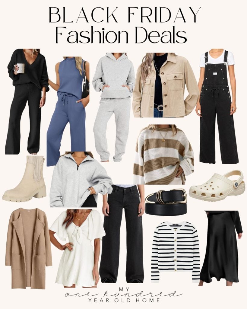 Collage of various clothing items and footwear labeled "Black Friday Fashion Deals," including jackets, dresses, shirts, pants, boots, and sandals against a plain background.