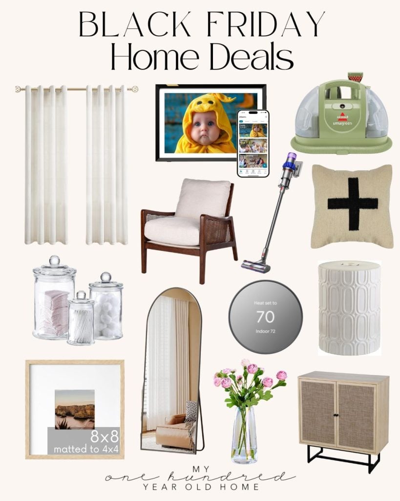 Collage of Black Friday home deals including curtains, a TV, a phone, an air fryer, a vacuum, a chair, a pillow, jars, a thermostat, a mirror, a vase with flowers, and a cabinet.