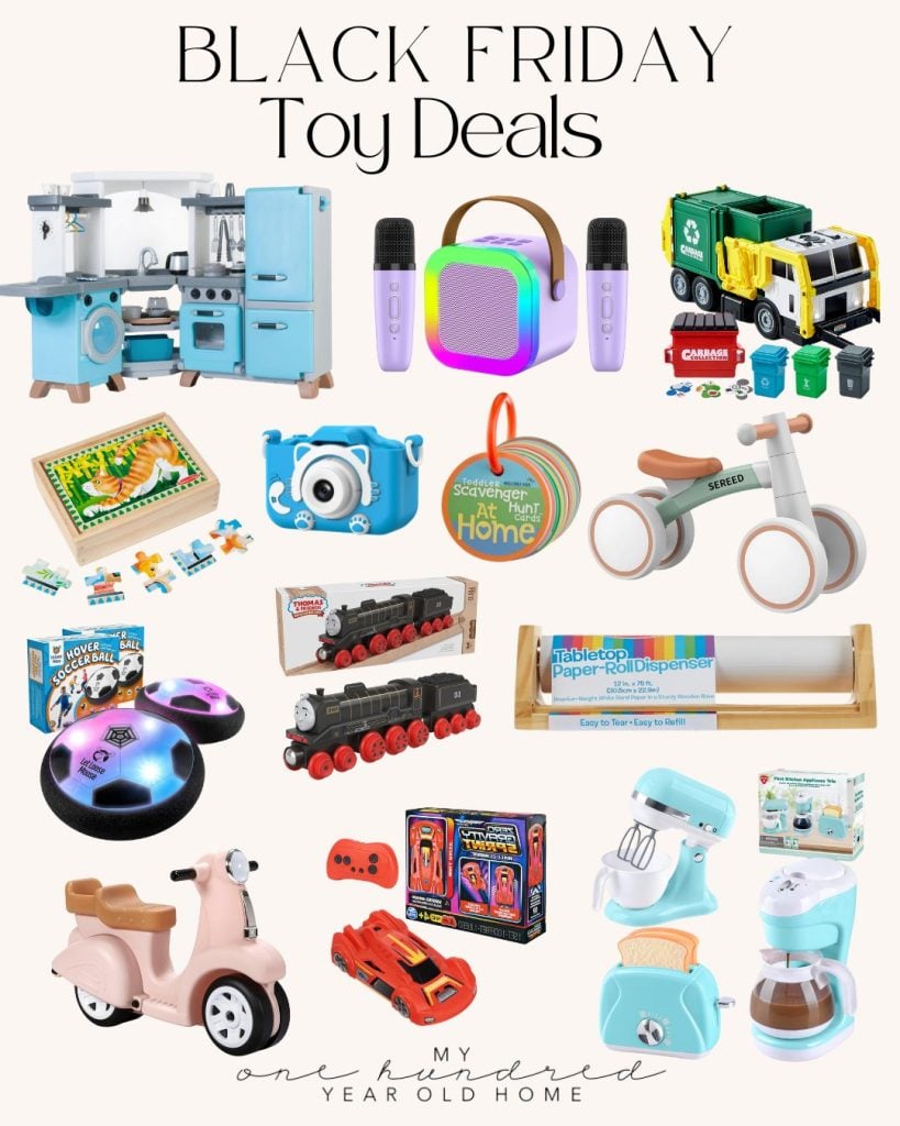 A vibrant collage of toys featuring a play kitchen, musical instruments, toy vehicles, puzzles, and craft supplies is topped with the eye-catching text "Black Friday Toy Deals," capturing the excitement of this special shopping event.