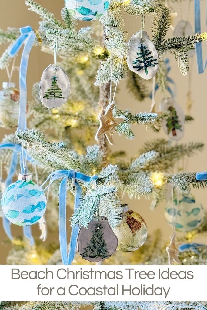 A Christmas tree decorated with coastal-themed ornaments, including seashells and blue ornaments, with blue ribbons, captioned "Beach Christmas Tree Ideas for a Coastal Holiday.