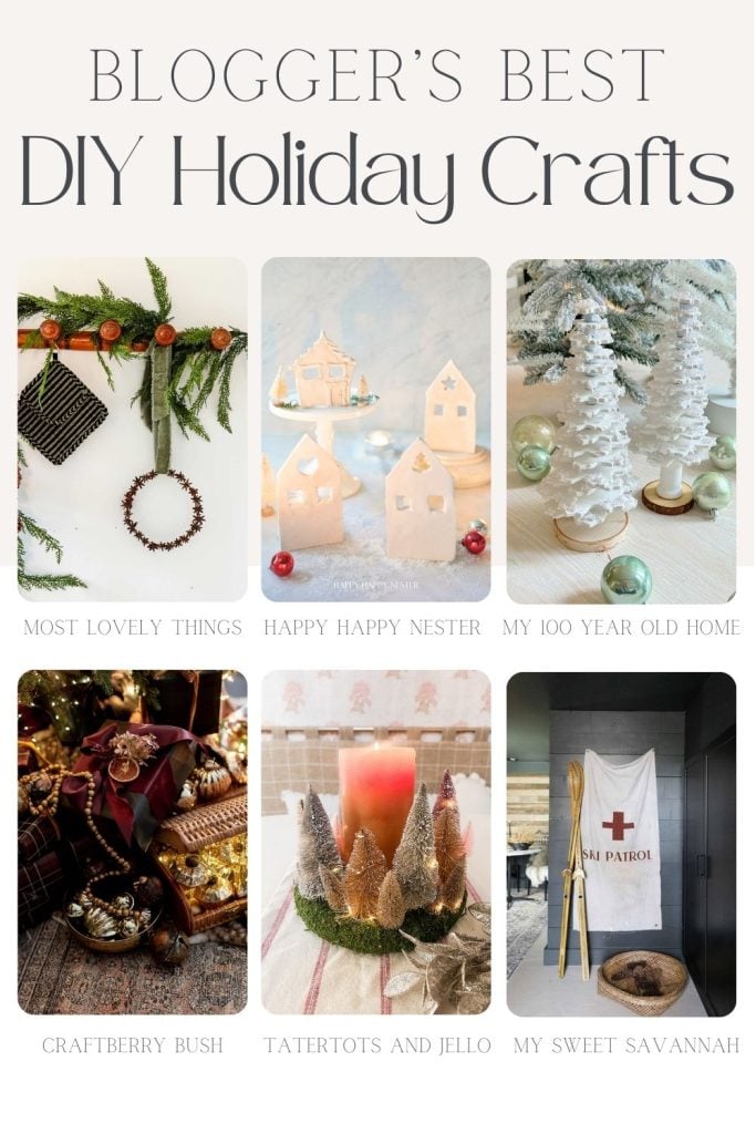 Collage of DIY holiday crafts: wreaths, decorative houses, white trees, table top Christmas trees, gift bows, and tree centerpiece.