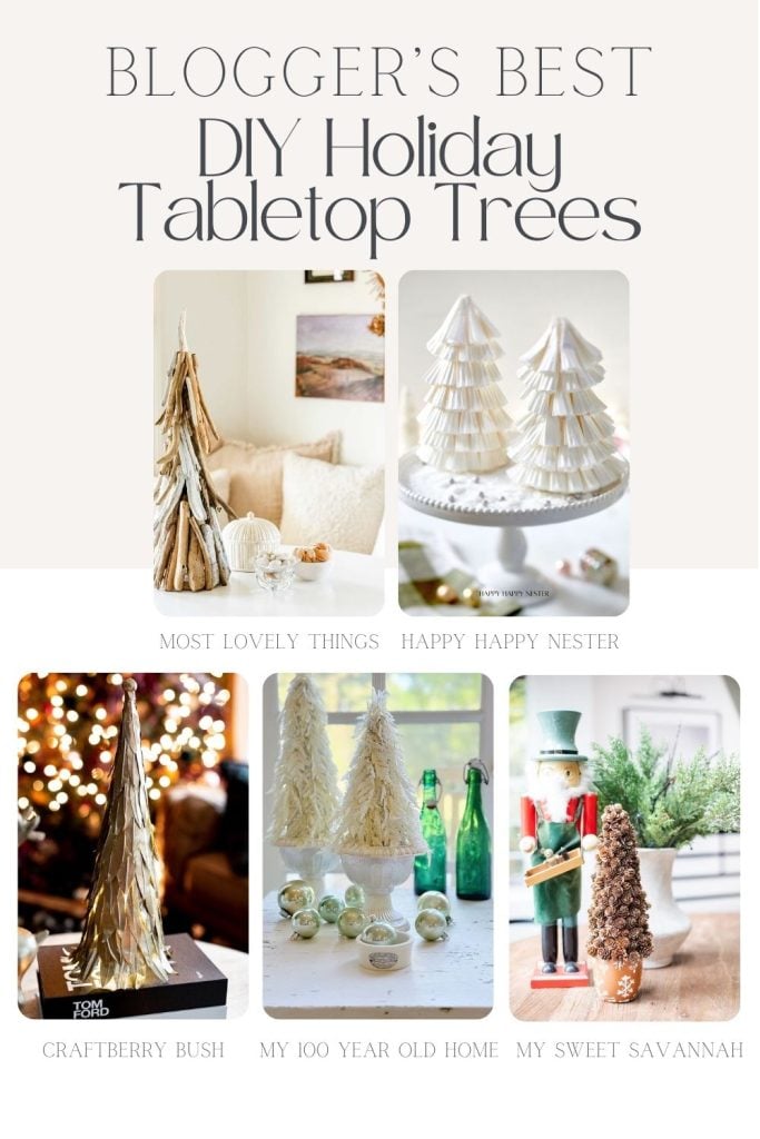 Collage of five DIY holiday tabletop trees, including a creative twist with Christmas fern, from different blogs.