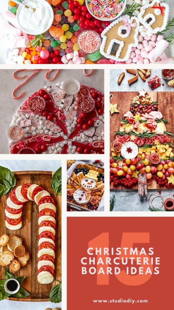 A collection of five festive charcuterie boards, featuring designs like a candy cane, Christmas tree, wreath, and gingerbread house, decorated with various sweets and snacks.