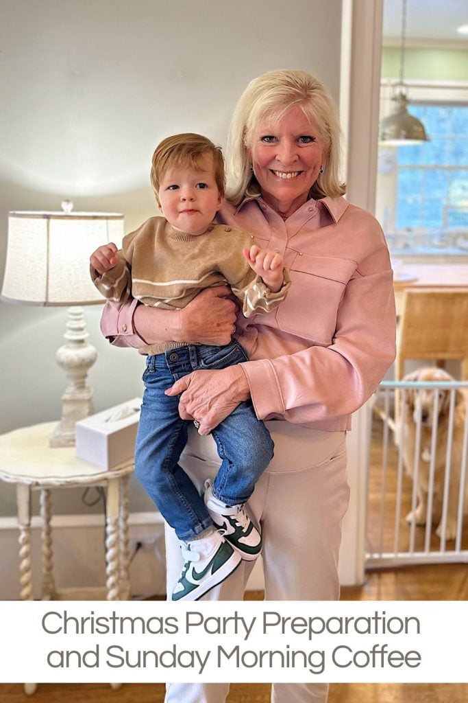 A woman holding a young child stands in a living room. A lamp and a side table are in the background. Text reads, "Christmas Party Preparation and Sunday Morning Coffee.