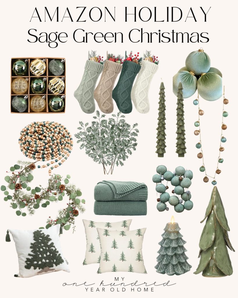 Collage of sage green Christmas decor, including stockings, ornaments, trees, garlands, a blanket, and pillows with tree patterns. Text says "Amazon Holiday Sage Green Christmas.